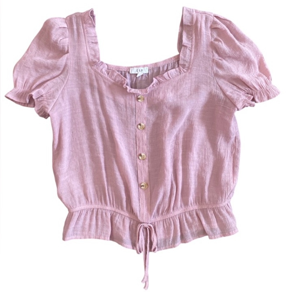 E&M Women Top blouse short-sleeved blouse with a square neckline, ruffled trim